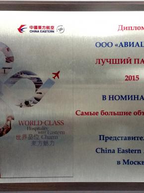 ООО "АВИАЦЕНТР" - лучший партнер China Eastern Airlines 2015г. в номинации "Большие объемы продаж"