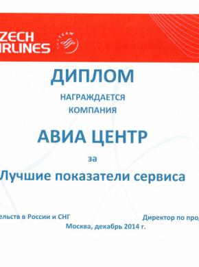 Диплом за лучшие показатели сервиса
